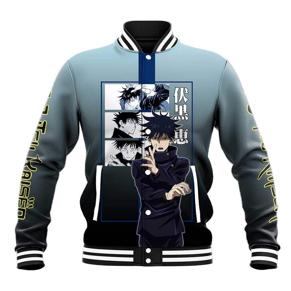 Megumi Fushiguro from Jujutsu Kaisen Baseball Jacket with Dark Blue and Black Background and Multiple Poses Design - The Mazicc