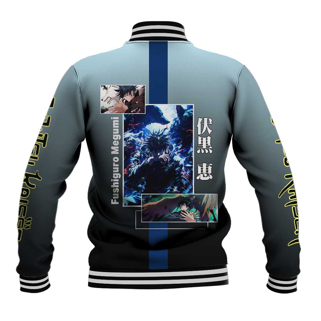 Megumi Fushiguro from Jujutsu Kaisen Baseball Jacket with Dark Blue and Black Background and Multiple Poses Design - The Mazicc