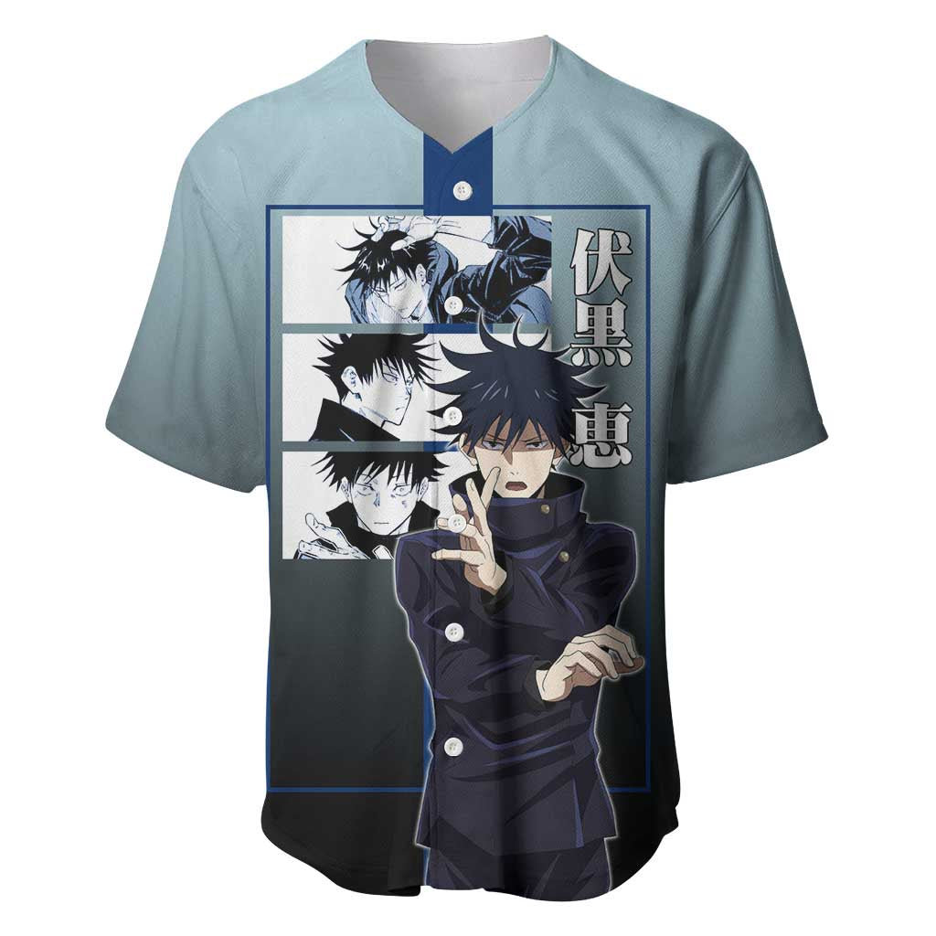 Megumi Fushiguro from Jujutsu Kaisen Baseball Jersey with Dark Blue and Black Background and Multiple Poses Design - The Mazicc