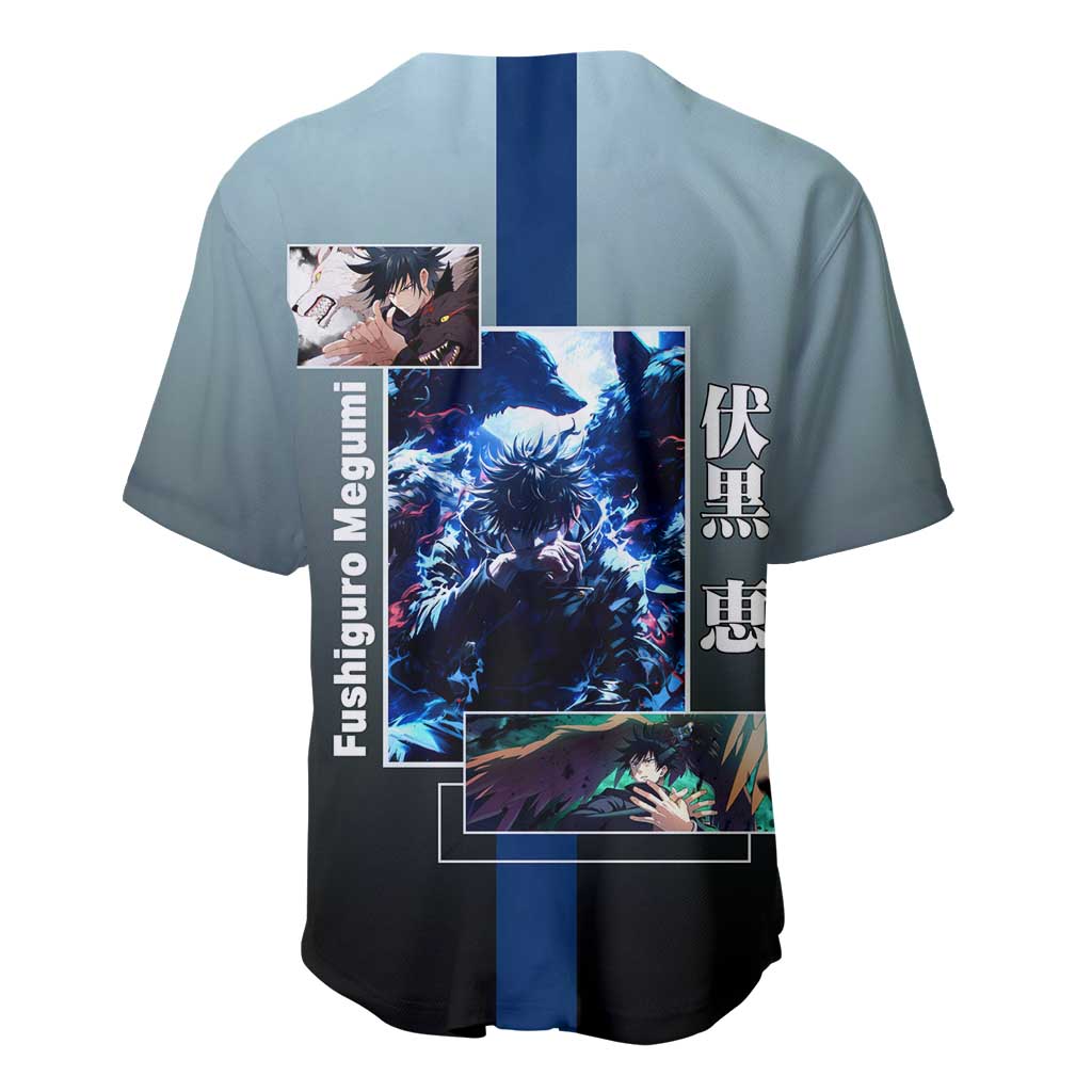 Megumi Fushiguro from Jujutsu Kaisen Baseball Jersey with Dark Blue and Black Background and Multiple Poses Design - The Mazicc