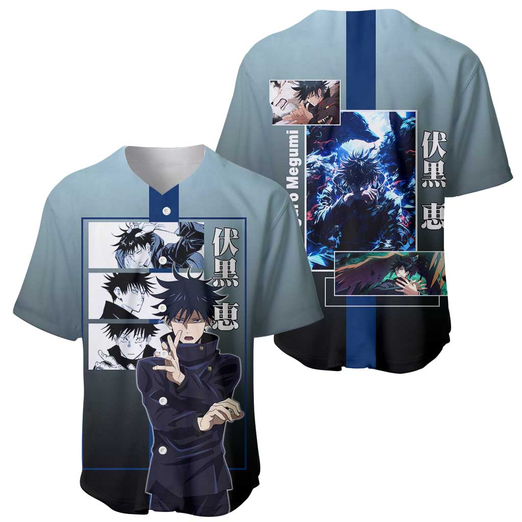 Megumi Fushiguro from Jujutsu Kaisen Baseball Jersey with Dark Blue and Black Background and Multiple Poses Design - The Mazicc