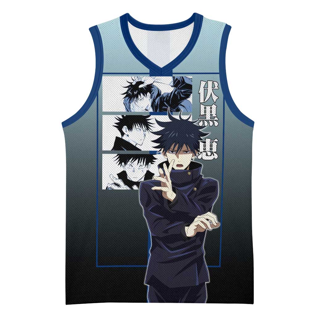 Megumi Fushiguro from Jujutsu Kaisen Basketball Jersey with Dark Blue and Black Background and Multiple Poses Design - The Mazicc
