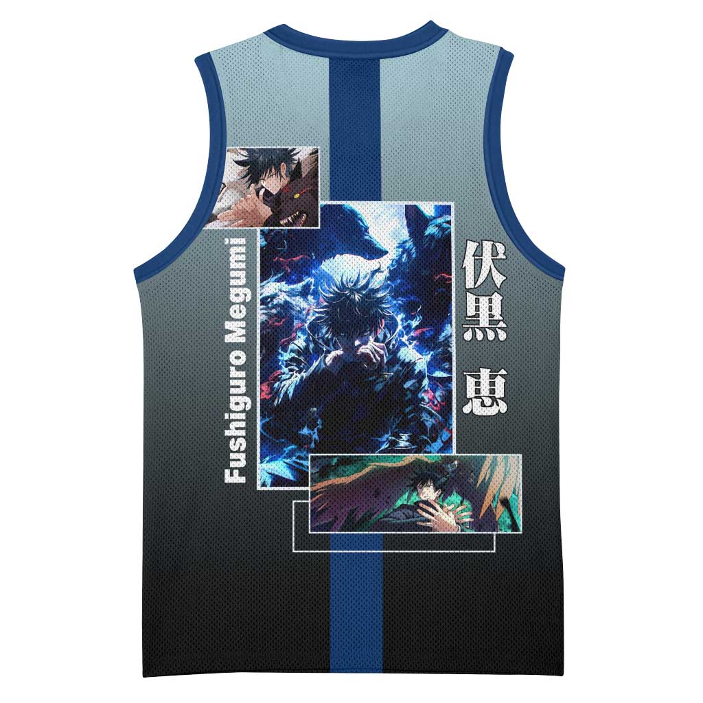 Megumi Fushiguro from Jujutsu Kaisen Basketball Jersey with Dark Blue and Black Background and Multiple Poses Design - The Mazicc