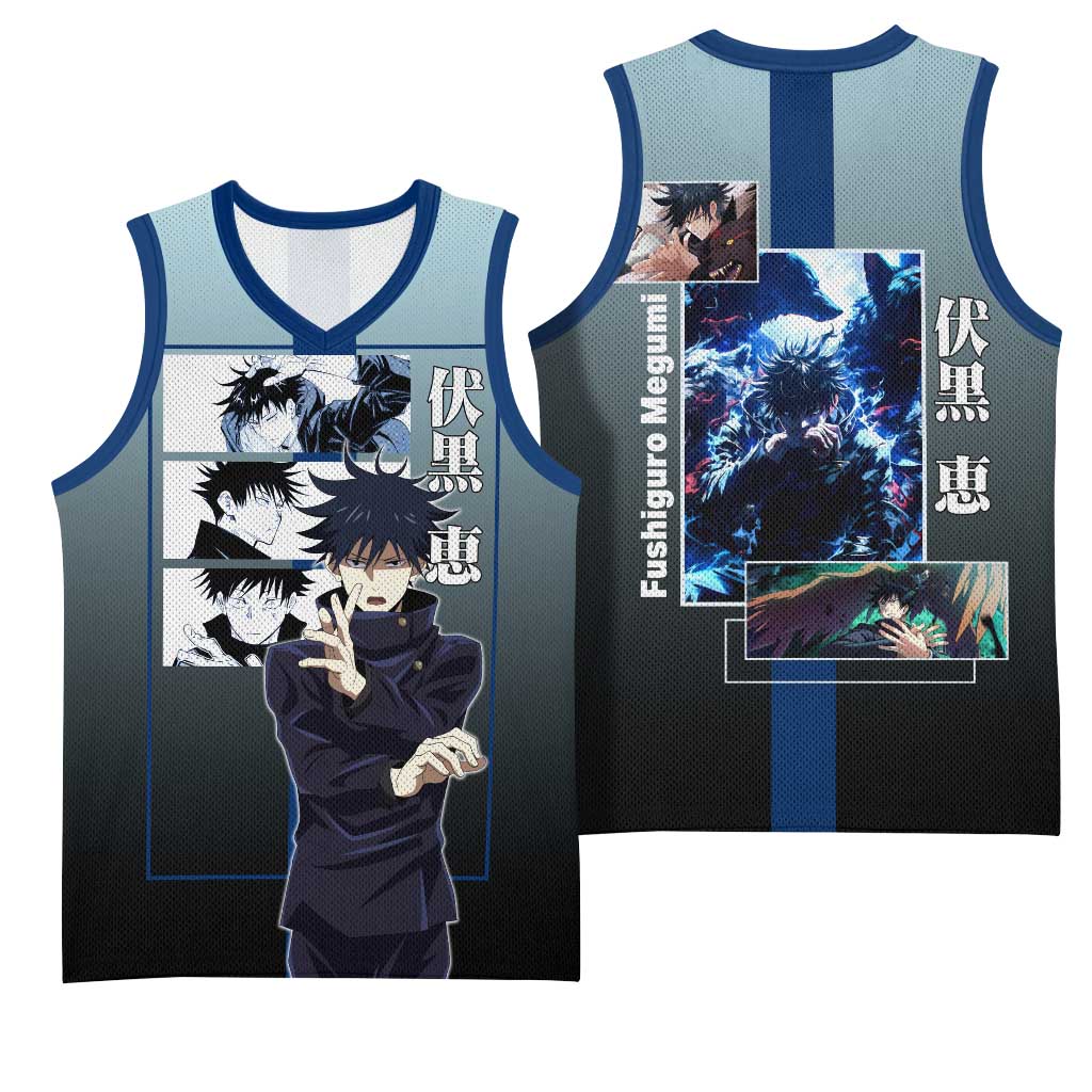 Megumi Fushiguro from Jujutsu Kaisen Basketball Jersey with Dark Blue and Black Background and Multiple Poses Design - The Mazicc