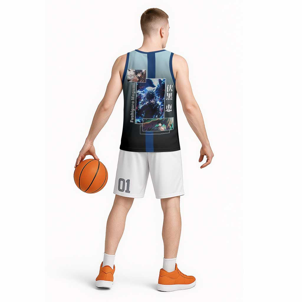 Megumi Fushiguro from Jujutsu Kaisen Basketball Jersey with Dark Blue and Black Background and Multiple Poses Design - The Mazicc