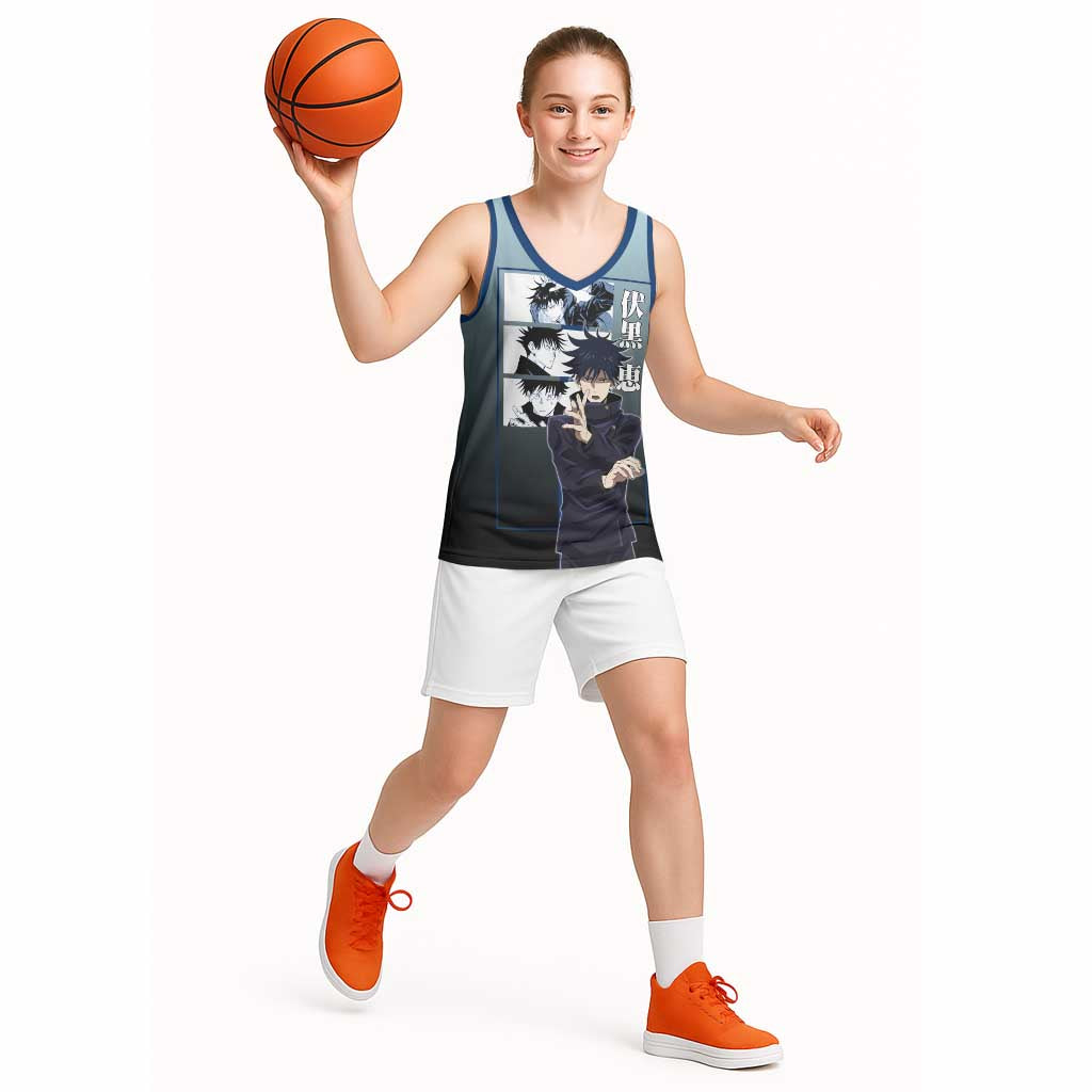 Megumi Fushiguro from Jujutsu Kaisen Basketball Jersey with Dark Blue and Black Background and Multiple Poses Design - The Mazicc