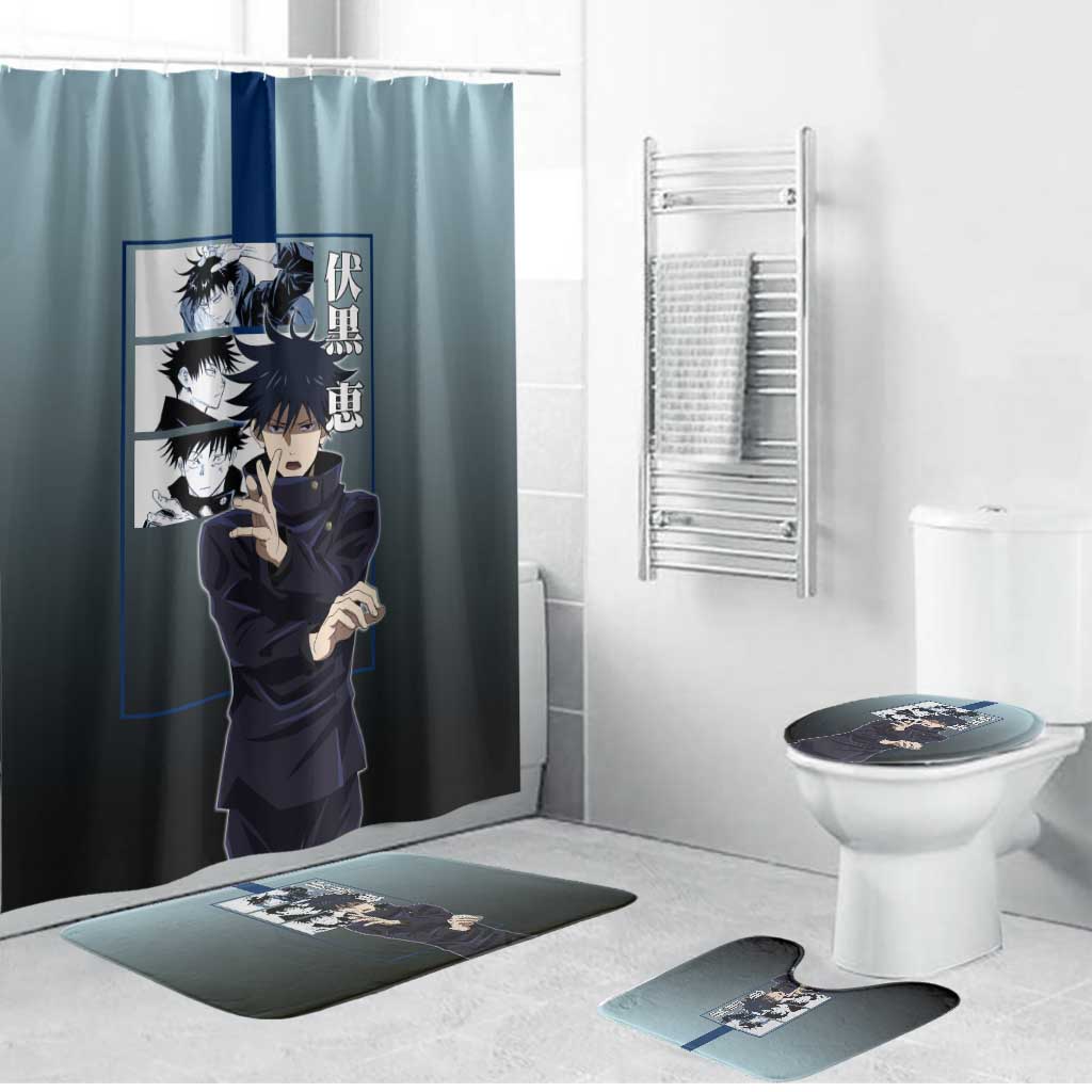 Megumi Fushiguro from Jujutsu Kaisen Bathroom Set with Dark Blue and Black Background and Multiple Poses Design - The Mazicc