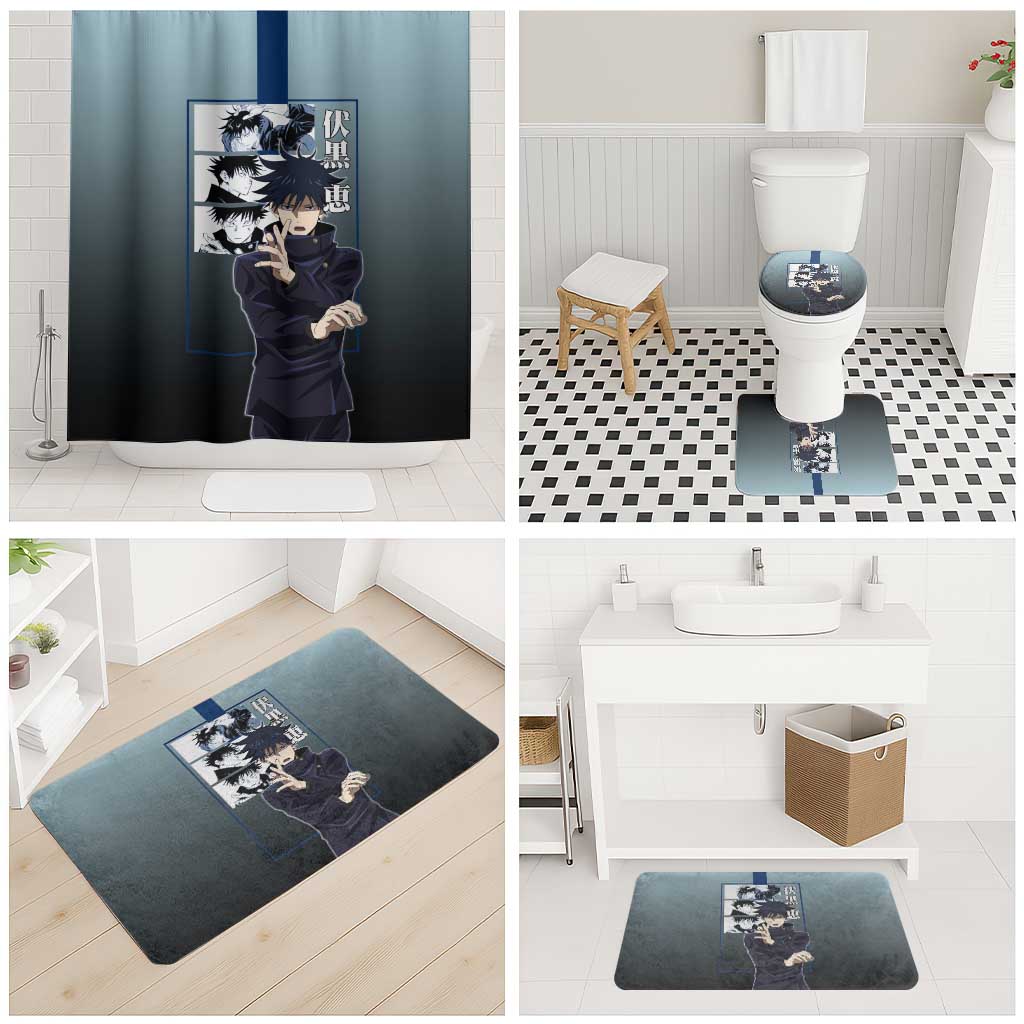 Megumi Fushiguro from Jujutsu Kaisen Bathroom Set with Dark Blue and Black Background and Multiple Poses Design - The Mazicc