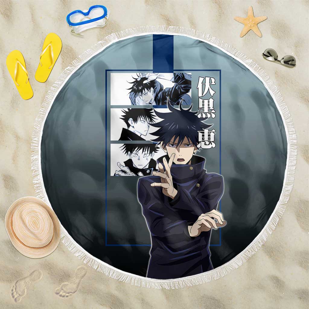 Megumi Fushiguro from Jujutsu Kaisen Beach Blanket with Dark Blue and Black Background and Multiple Poses Design - The Mazicc