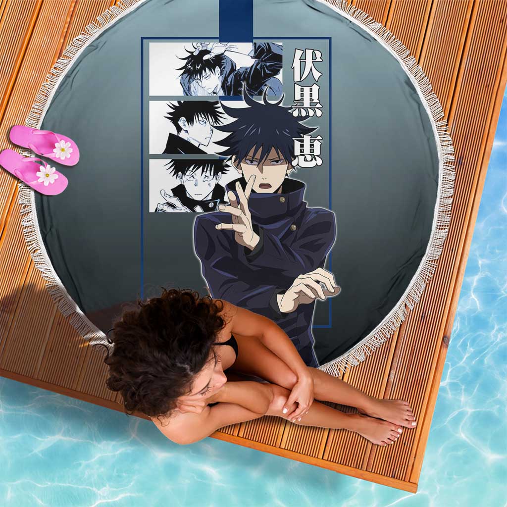 Megumi Fushiguro from Jujutsu Kaisen Beach Blanket with Dark Blue and Black Background and Multiple Poses Design - The Mazicc