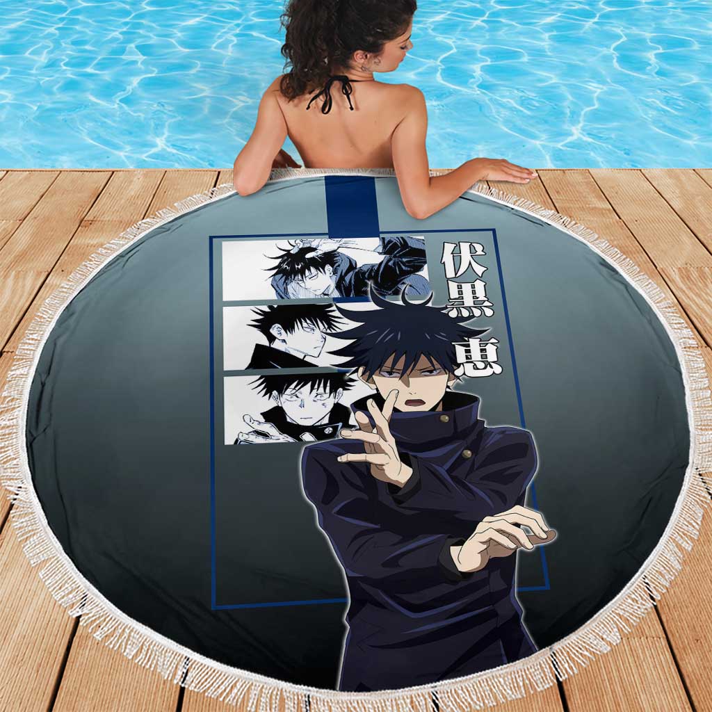 Megumi Fushiguro from Jujutsu Kaisen Beach Blanket with Dark Blue and Black Background and Multiple Poses Design - The Mazicc