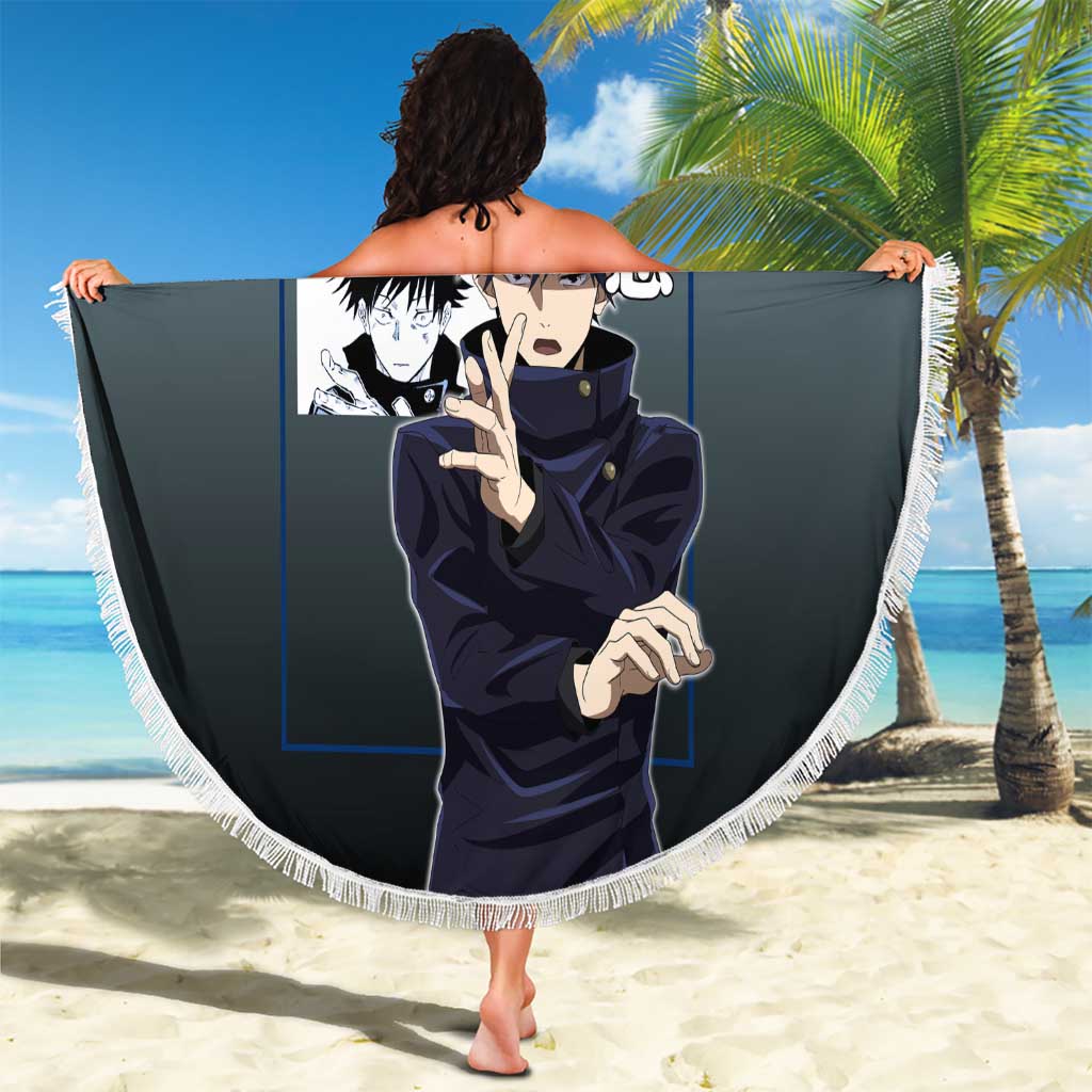 Megumi Fushiguro from Jujutsu Kaisen Beach Blanket with Dark Blue and Black Background and Multiple Poses Design - The Mazicc