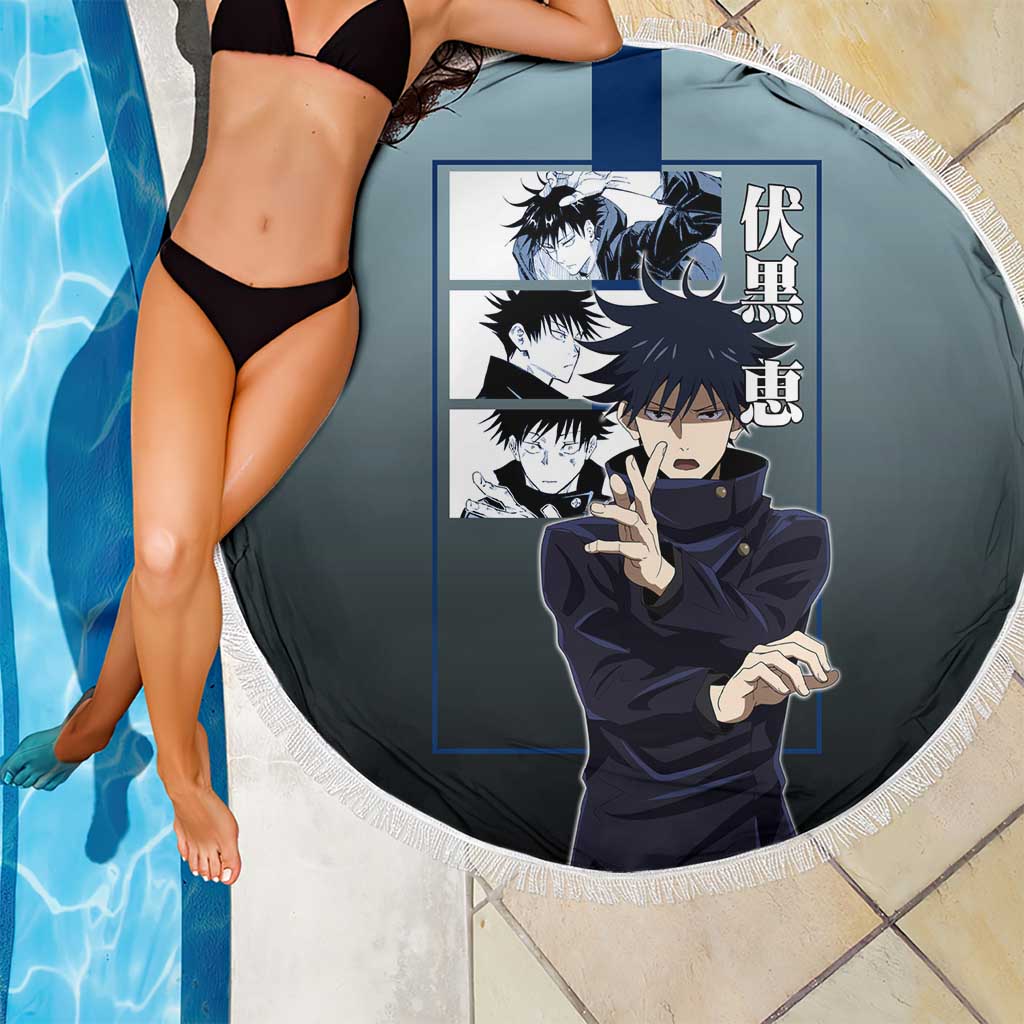 Megumi Fushiguro from Jujutsu Kaisen Beach Blanket with Dark Blue and Black Background and Multiple Poses Design - The Mazicc