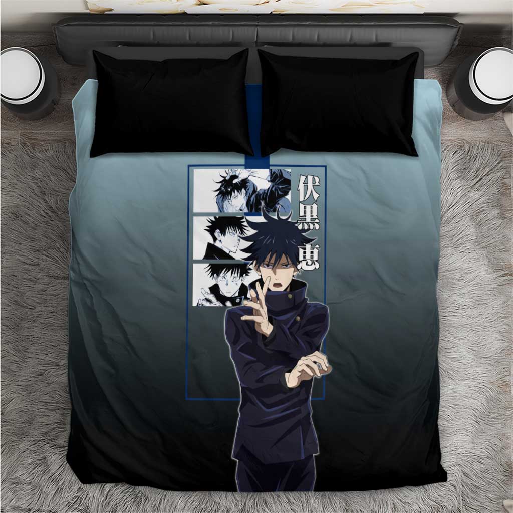 Megumi Fushiguro from Jujutsu Kaisen Bedding Set with Dark Blue and Black Background and Multiple Poses Design - The Mazicc