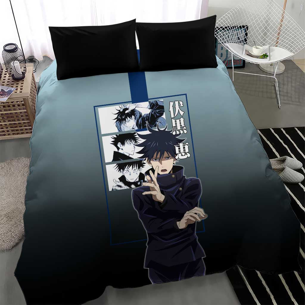 Megumi Fushiguro from Jujutsu Kaisen Bedding Set with Dark Blue and Black Background and Multiple Poses Design - The Mazicc