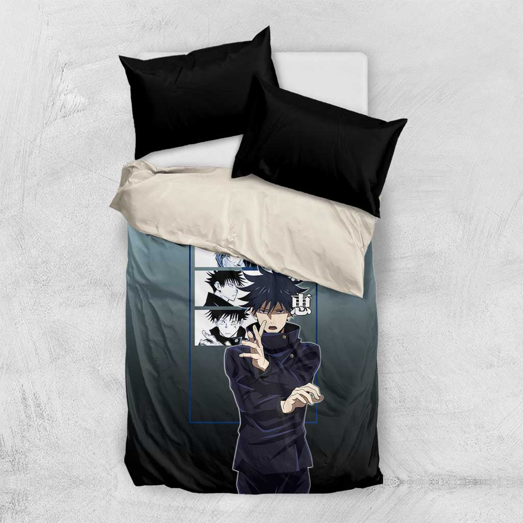 Megumi Fushiguro from Jujutsu Kaisen Bedding Set with Dark Blue and Black Background and Multiple Poses Design - The Mazicc