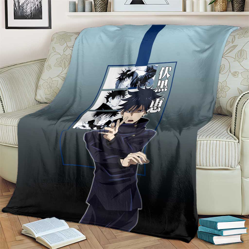 Megumi Fushiguro from Jujutsu Kaisen Blanket with Dark Blue and Black Background and Multiple Poses Design - The Mazicc