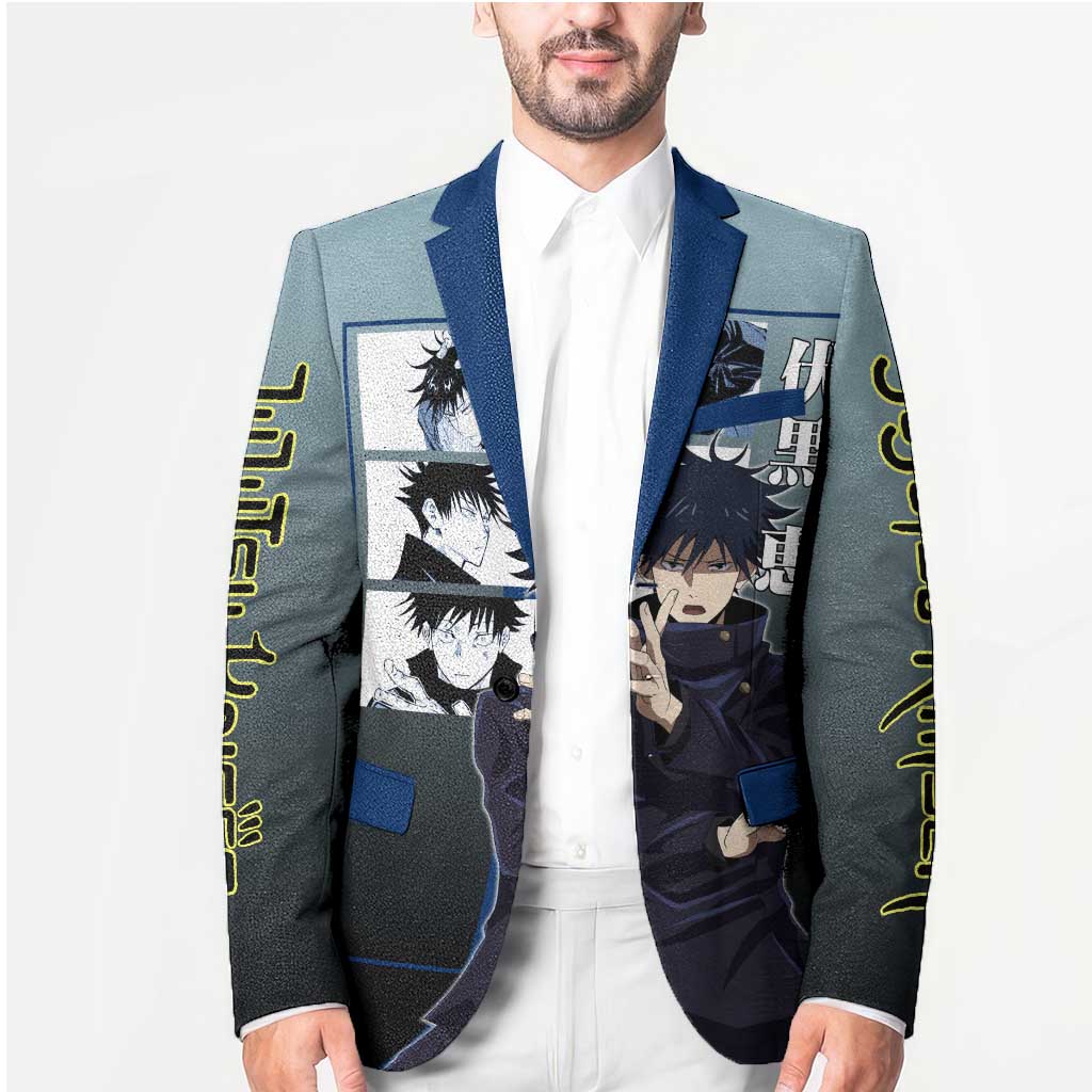 Megumi Fushiguro from Jujutsu Kaisen Blazer with Dark Blue and Black Background and Multiple Poses Design - The Mazicc