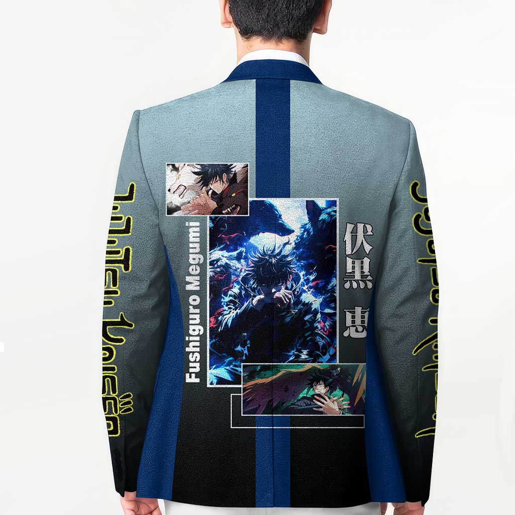 Megumi Fushiguro from Jujutsu Kaisen Blazer with Dark Blue and Black Background and Multiple Poses Design - The Mazicc