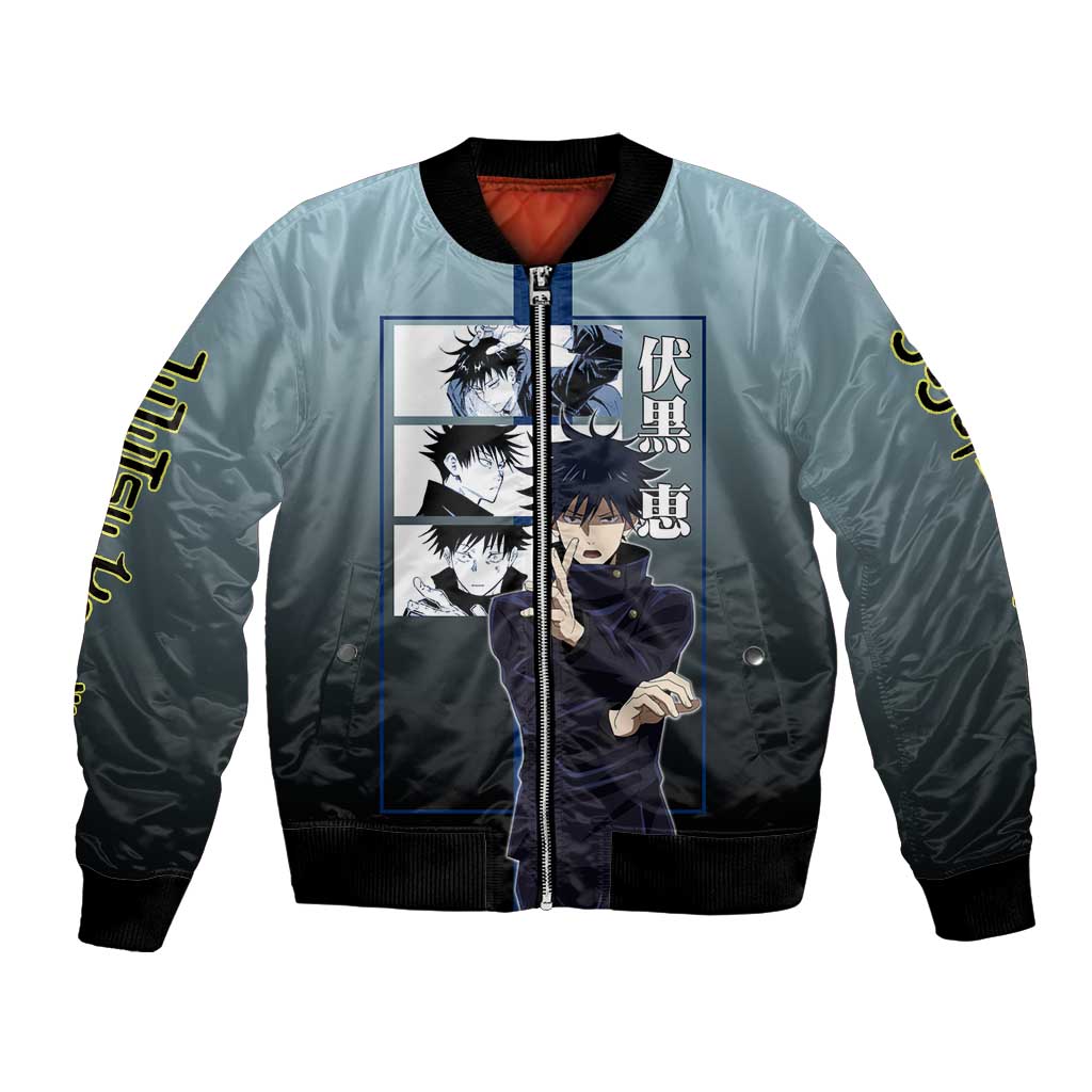 Megumi Fushiguro from Jujutsu Kaisen Bomber Jacket with Dark Blue and Black Background and Multiple Poses Design - The Mazicc