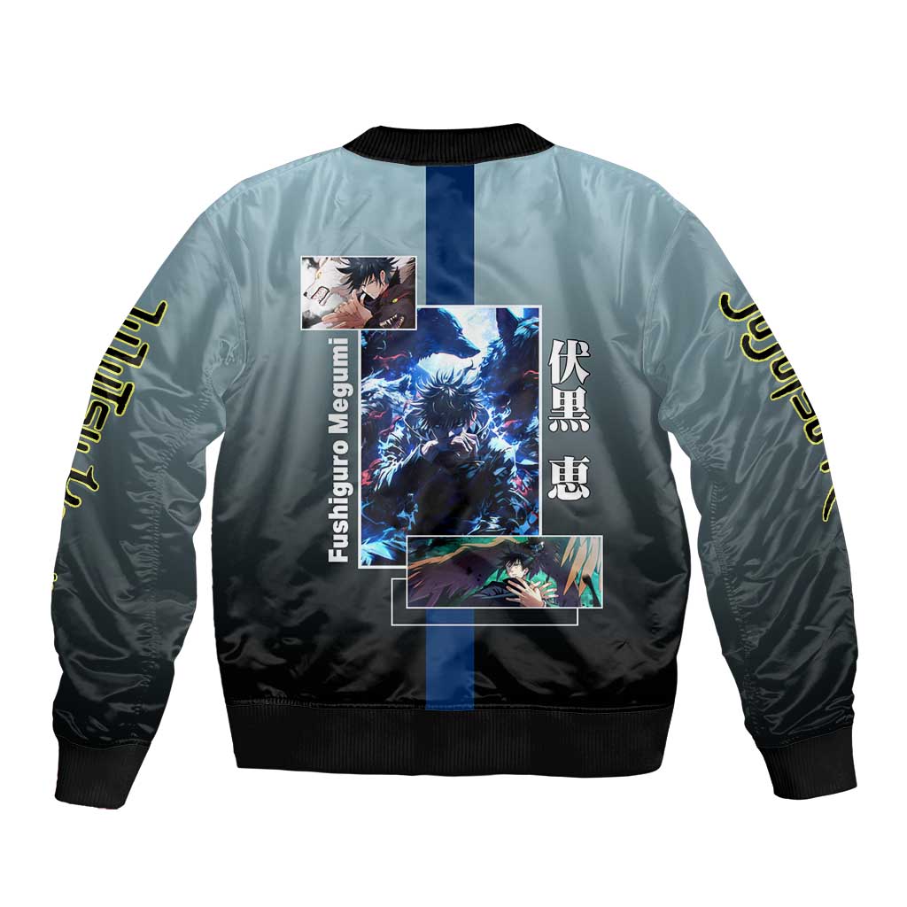 Megumi Fushiguro from Jujutsu Kaisen Bomber Jacket with Dark Blue and Black Background and Multiple Poses Design - The Mazicc