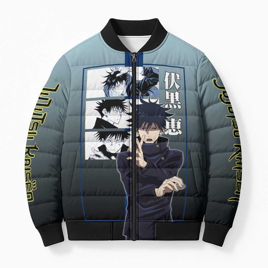 Megumi Fushiguro from Jujutsu Kaisen Bomber Puffer Jacket with Dark Blue and Black Background and Multiple Poses Design - The Mazicc