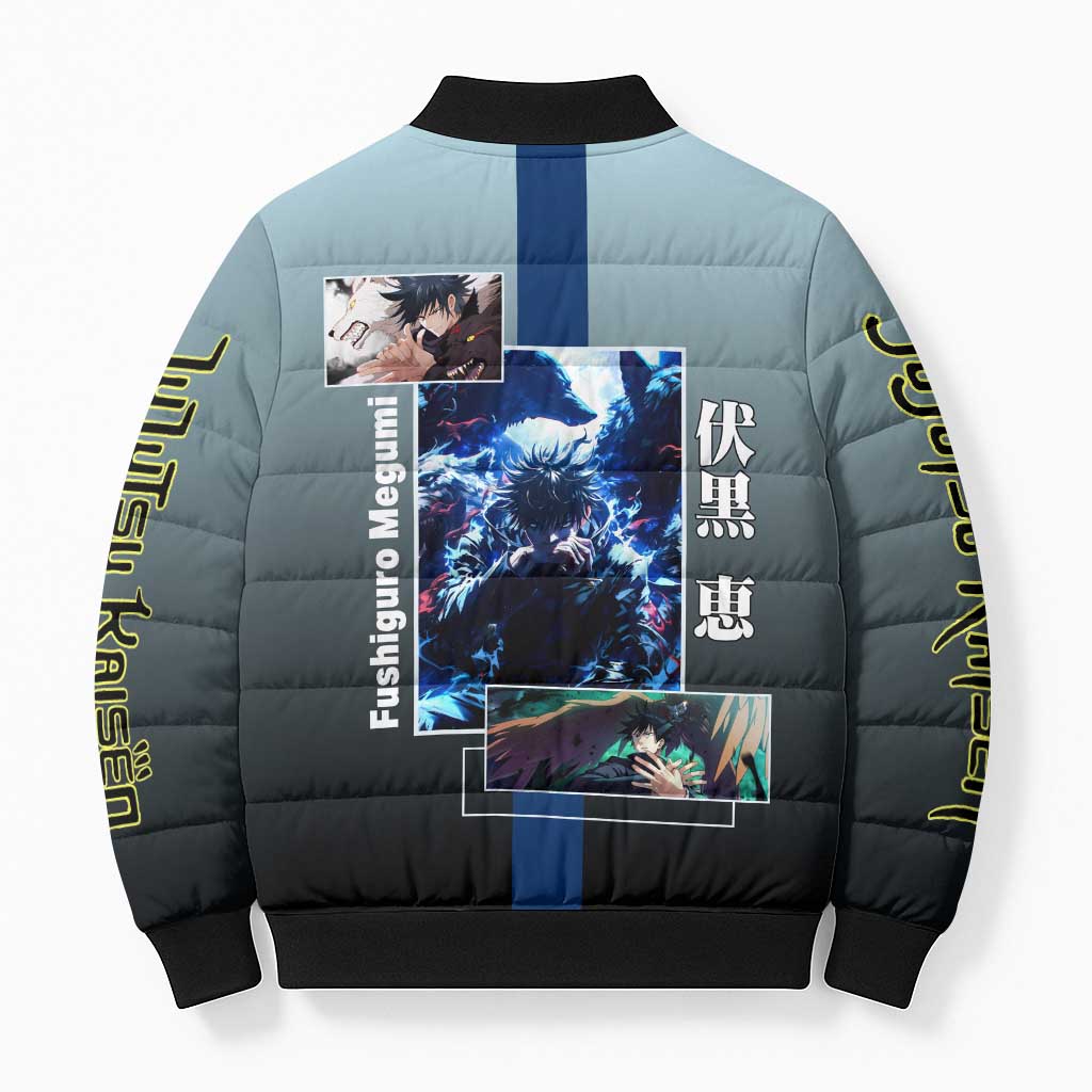 Megumi Fushiguro from Jujutsu Kaisen Bomber Puffer Jacket with Dark Blue and Black Background and Multiple Poses Design - The Mazicc