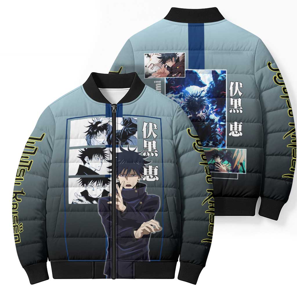 Megumi Fushiguro from Jujutsu Kaisen Bomber Puffer Jacket with Dark Blue and Black Background and Multiple Poses Design - The Mazicc