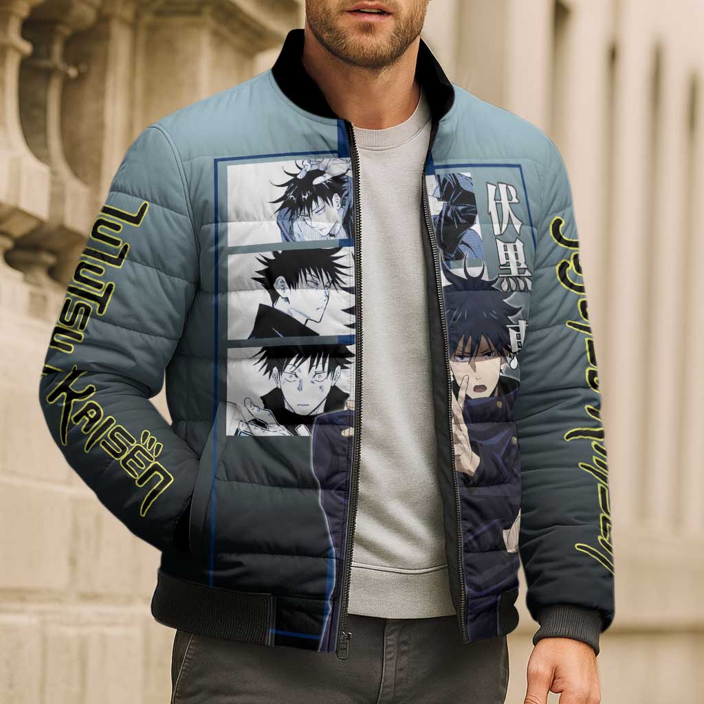 Megumi Fushiguro from Jujutsu Kaisen Bomber Puffer Jacket with Dark Blue and Black Background and Multiple Poses Design - The Mazicc