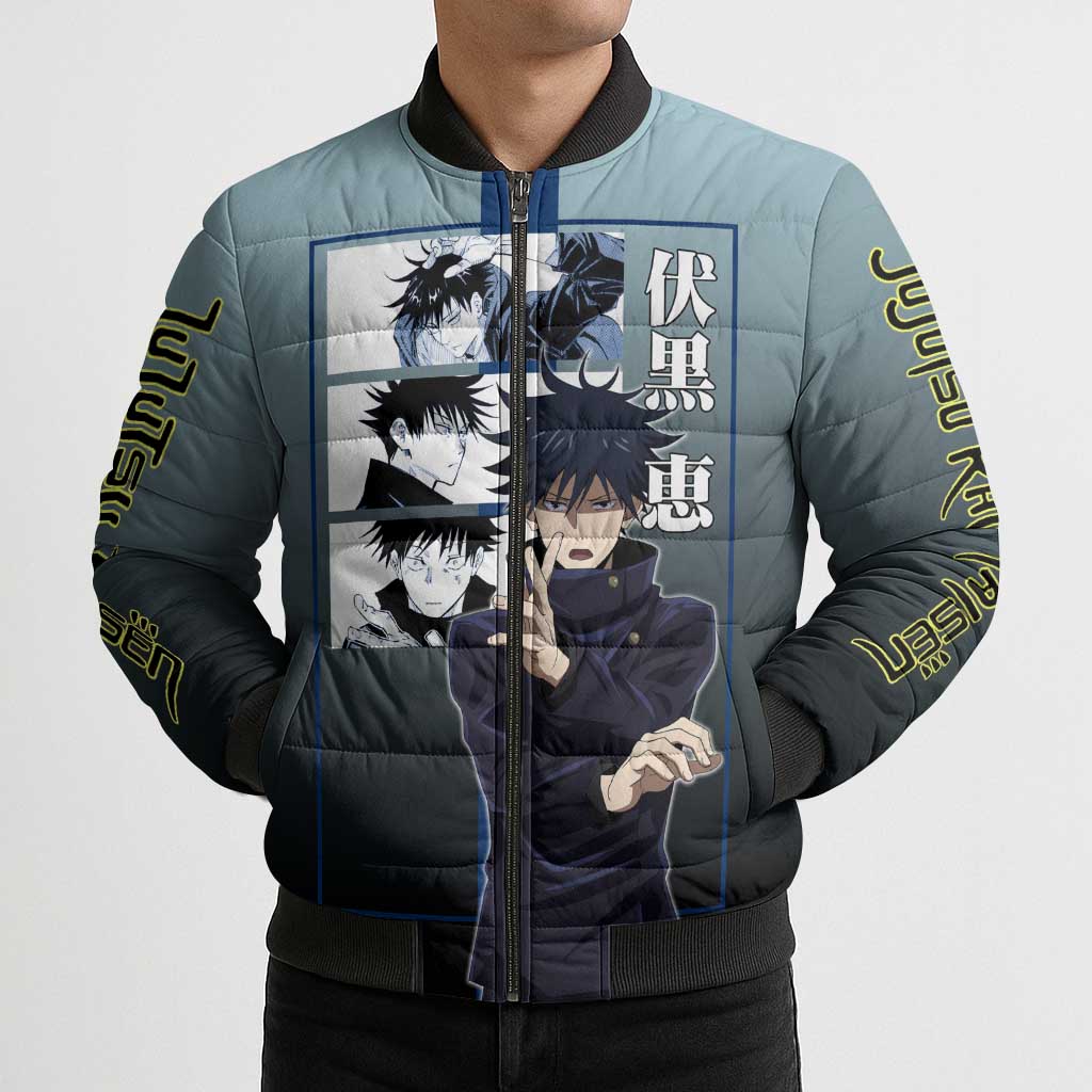 Megumi Fushiguro from Jujutsu Kaisen Bomber Puffer Jacket with Dark Blue and Black Background and Multiple Poses Design - The Mazicc