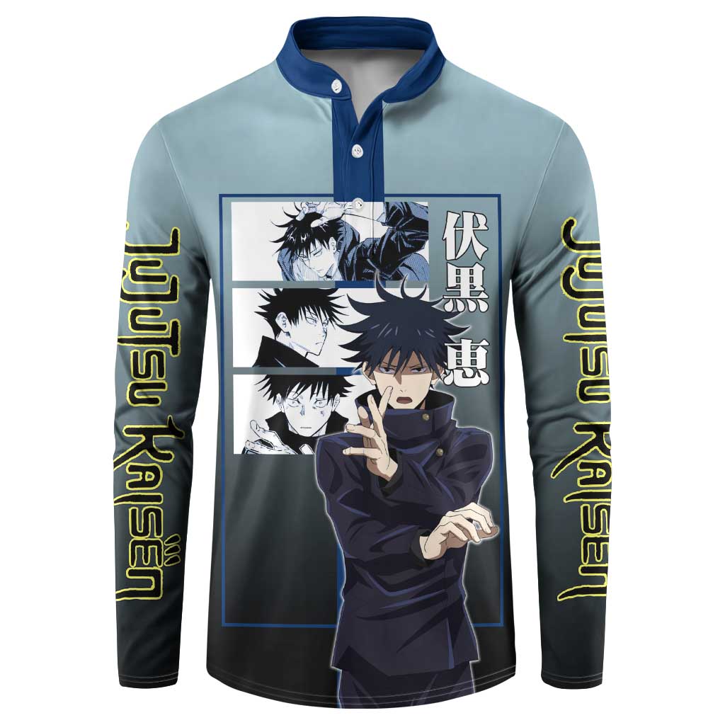 Megumi Fushiguro from Jujutsu Kaisen Button Sweatshirt with Dark Blue and Black Background and Multiple Poses Design - The Mazicc