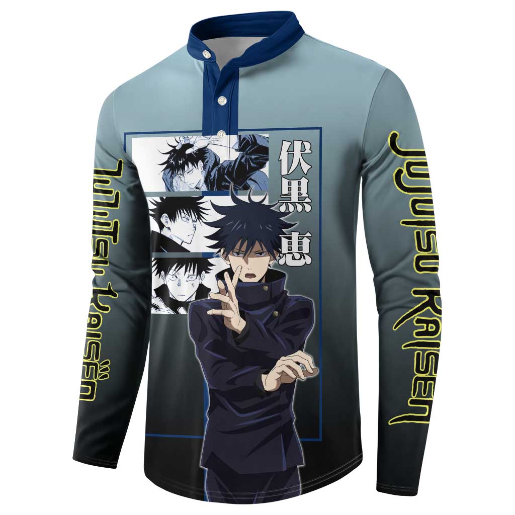 Megumi Fushiguro from Jujutsu Kaisen Button Sweatshirt with Dark Blue and Black Background and Multiple Poses Design - The Mazicc
