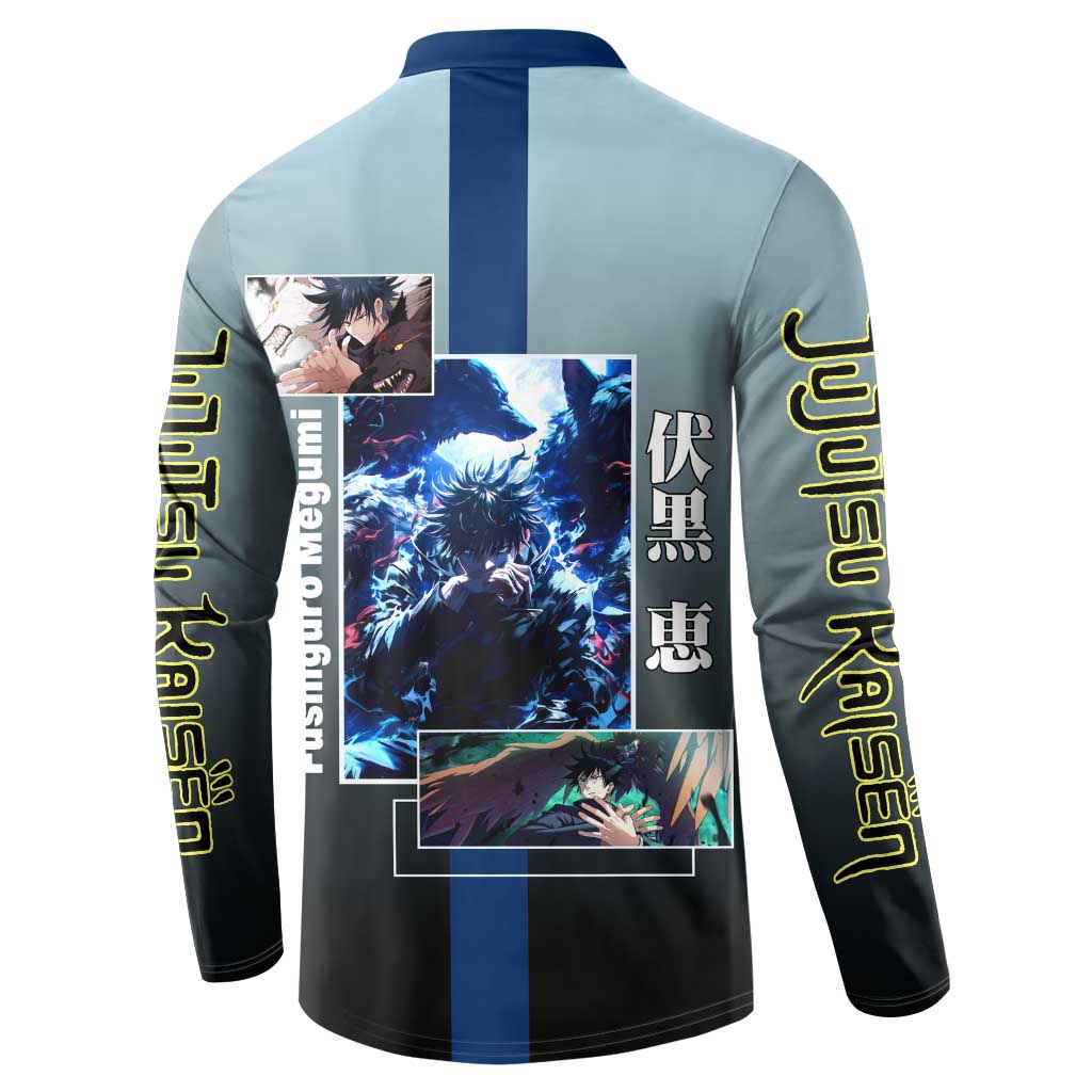 Megumi Fushiguro from Jujutsu Kaisen Button Sweatshirt with Dark Blue and Black Background and Multiple Poses Design - The Mazicc