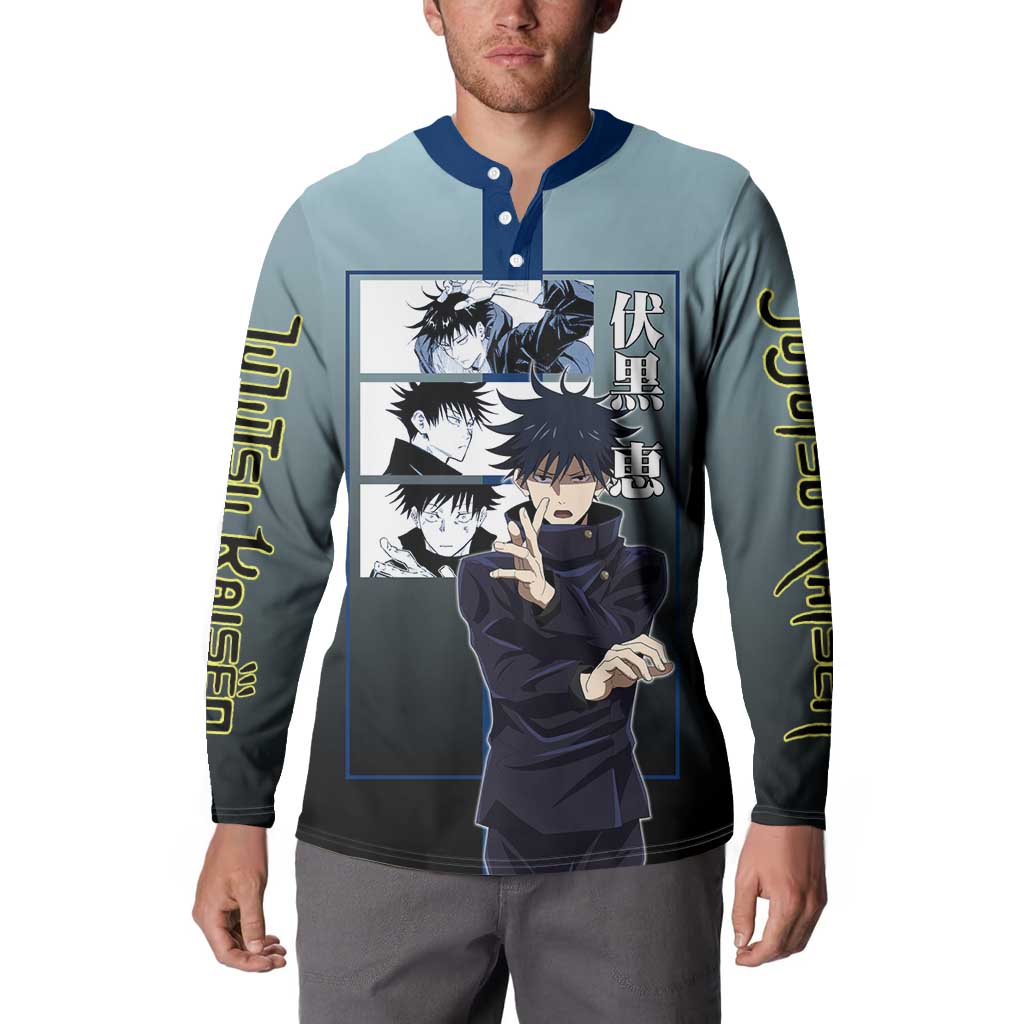 Megumi Fushiguro from Jujutsu Kaisen Button Sweatshirt with Dark Blue and Black Background and Multiple Poses Design - The Mazicc