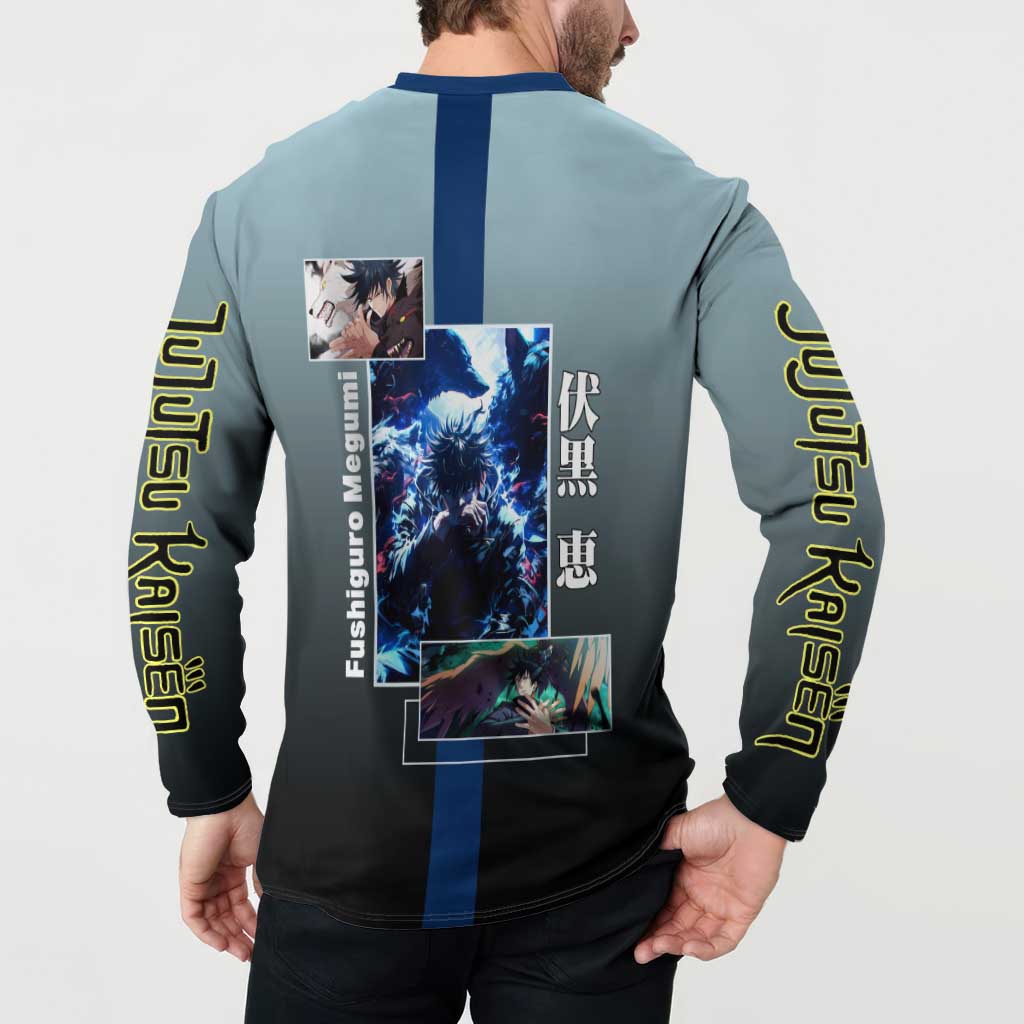 Megumi Fushiguro from Jujutsu Kaisen Button Sweatshirt with Dark Blue and Black Background and Multiple Poses Design - The Mazicc