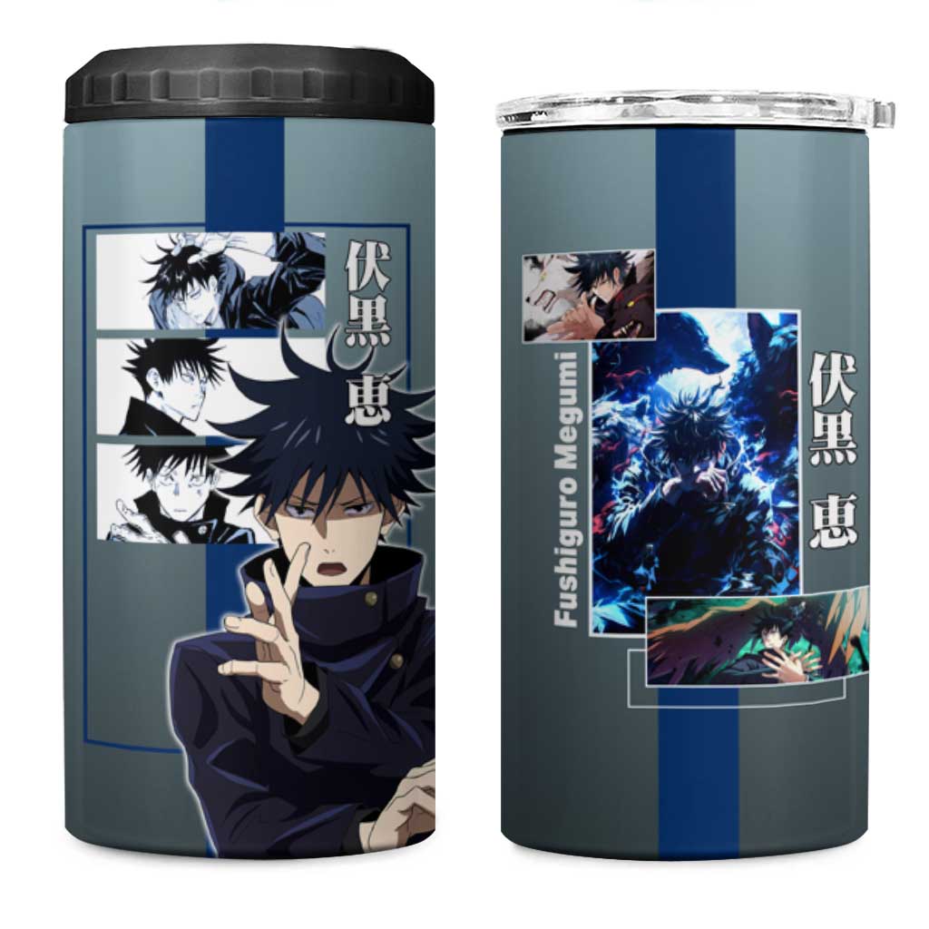 Megumi Fushiguro from Jujutsu Kaisen 4 in 1 Can Cooler Tumbler with Dark Blue and Black Background and Multiple Poses Design - The Mazicc