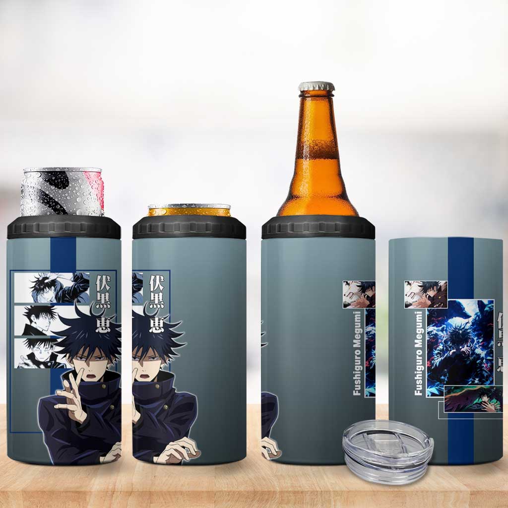 Megumi Fushiguro from Jujutsu Kaisen 4 in 1 Can Cooler Tumbler with Dark Blue and Black Background and Multiple Poses Design - The Mazicc