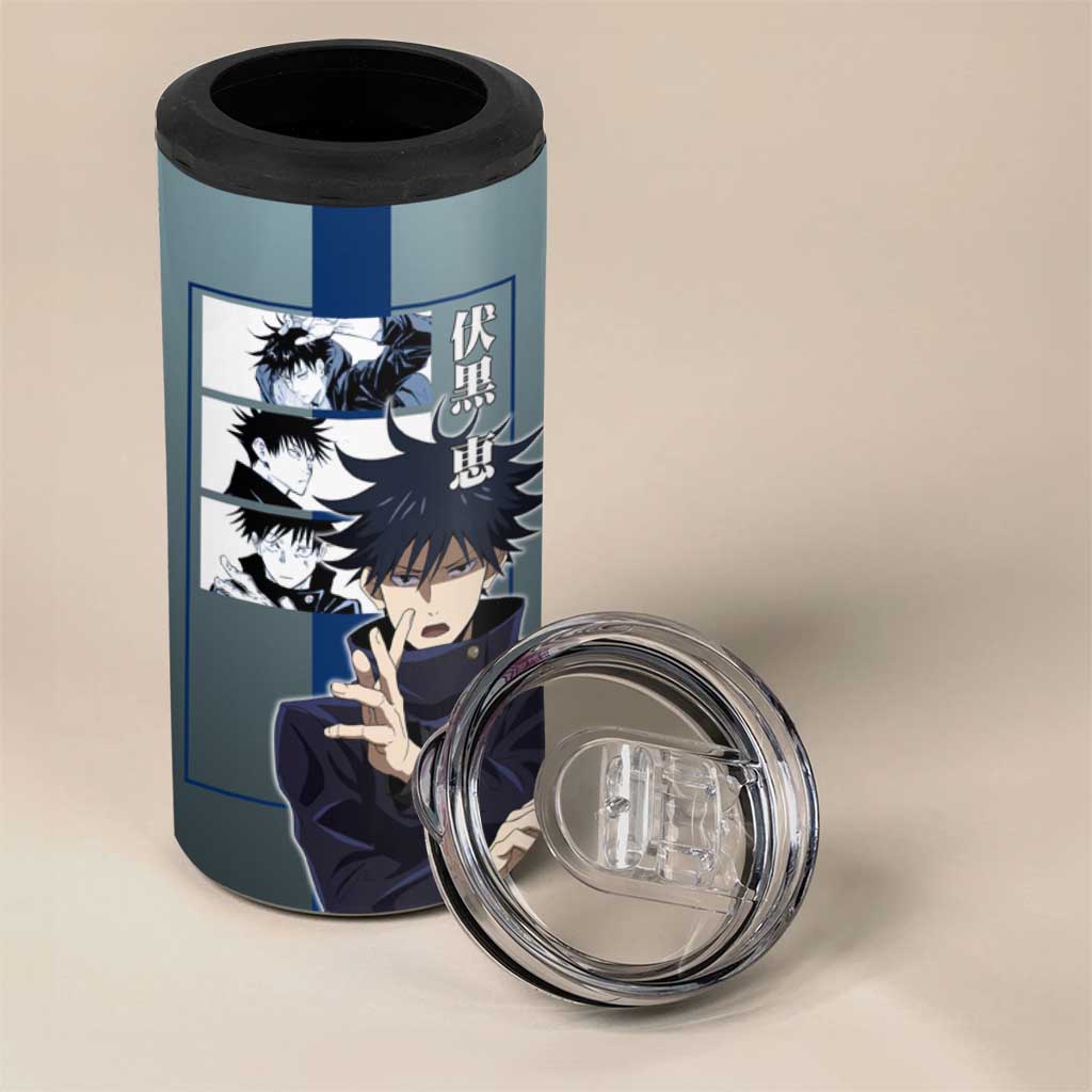 Megumi Fushiguro from Jujutsu Kaisen 4 in 1 Can Cooler Tumbler with Dark Blue and Black Background and Multiple Poses Design - The Mazicc