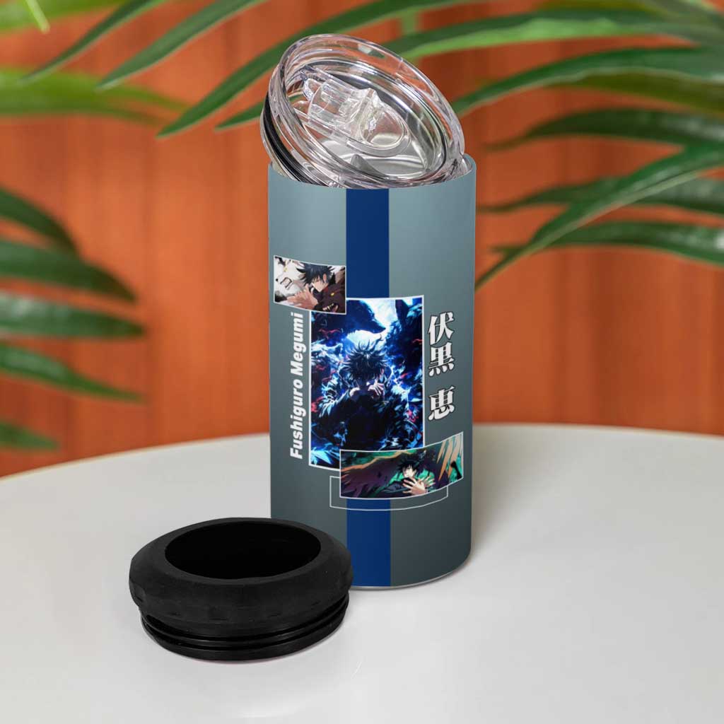 Megumi Fushiguro from Jujutsu Kaisen 4 in 1 Can Cooler Tumbler with Dark Blue and Black Background and Multiple Poses Design - The Mazicc