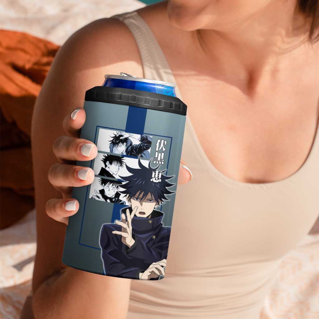 Megumi Fushiguro from Jujutsu Kaisen 4 in 1 Can Cooler Tumbler with Dark Blue and Black Background and Multiple Poses Design - The Mazicc