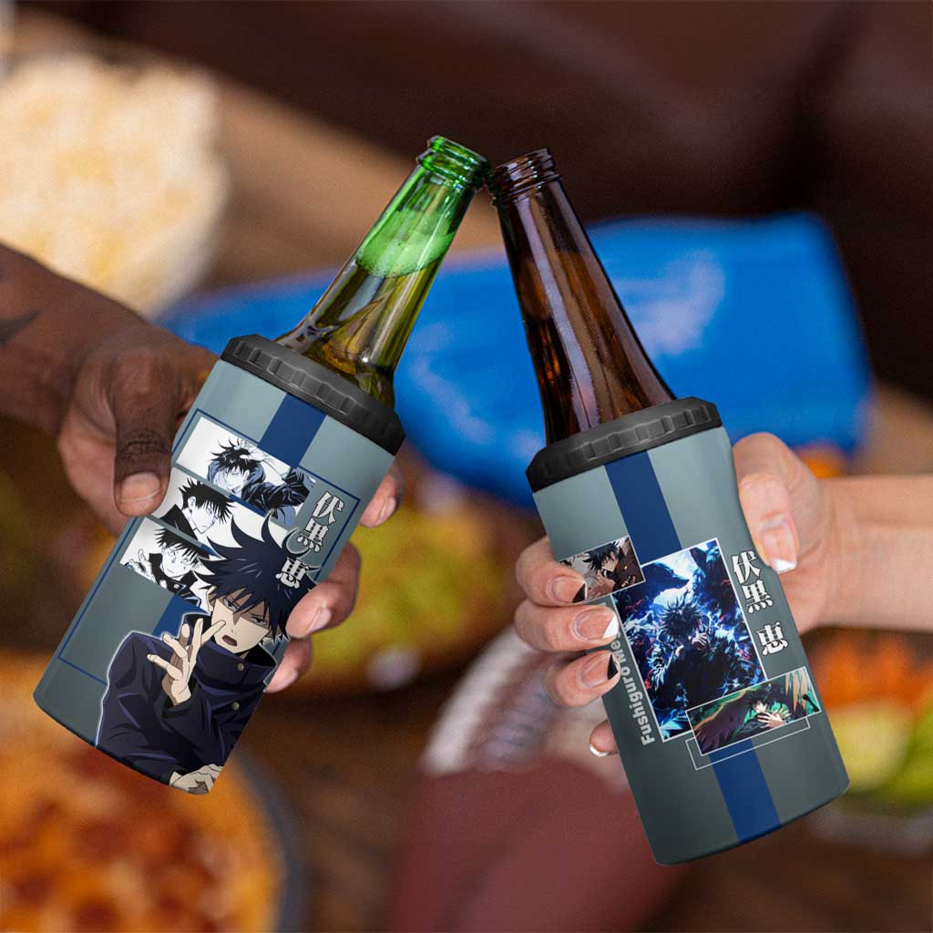 Megumi Fushiguro from Jujutsu Kaisen 4 in 1 Can Cooler Tumbler with Dark Blue and Black Background and Multiple Poses Design - The Mazicc