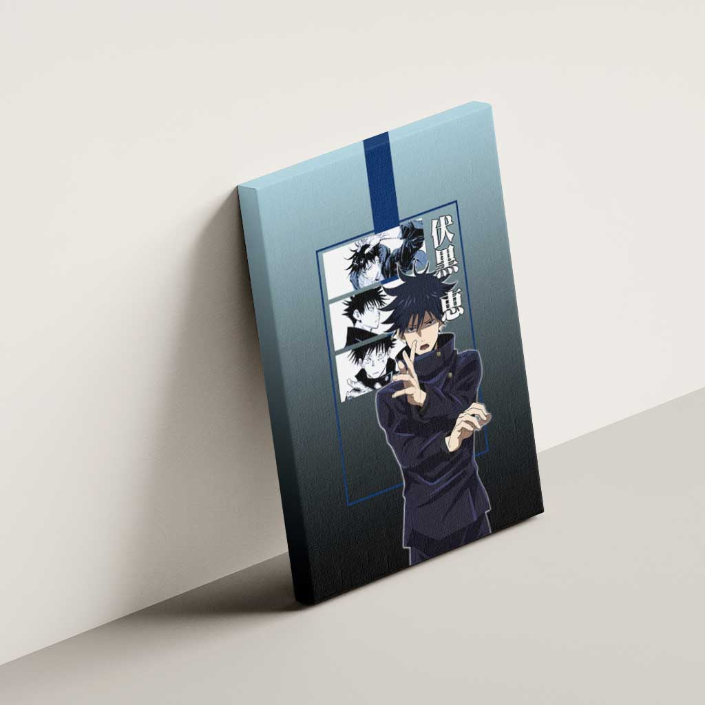 Megumi Fushiguro from Jujutsu Kaisen Canvas Wall Art with Dark Blue and Black Background and Multiple Poses Design - The Mazicc