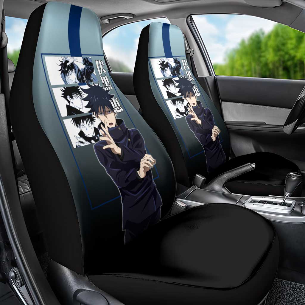 Megumi Fushiguro from Jujutsu Kaisen Car Seat Cover with Dark Blue and Black Background and Multiple Poses Design - The Mazicc