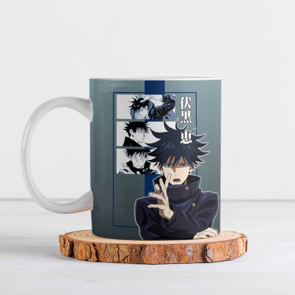 Megumi Fushiguro from Jujutsu Kaisen Ceramic Mug with Dark Blue and Black Background and Multiple Poses Design - The Mazicc