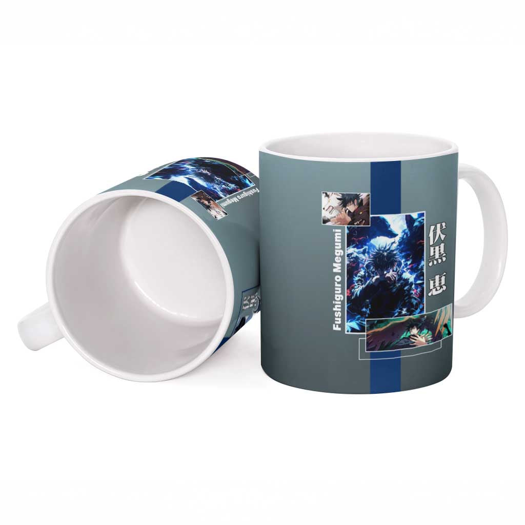 Megumi Fushiguro from Jujutsu Kaisen Ceramic Mug with Dark Blue and Black Background and Multiple Poses Design - The Mazicc
