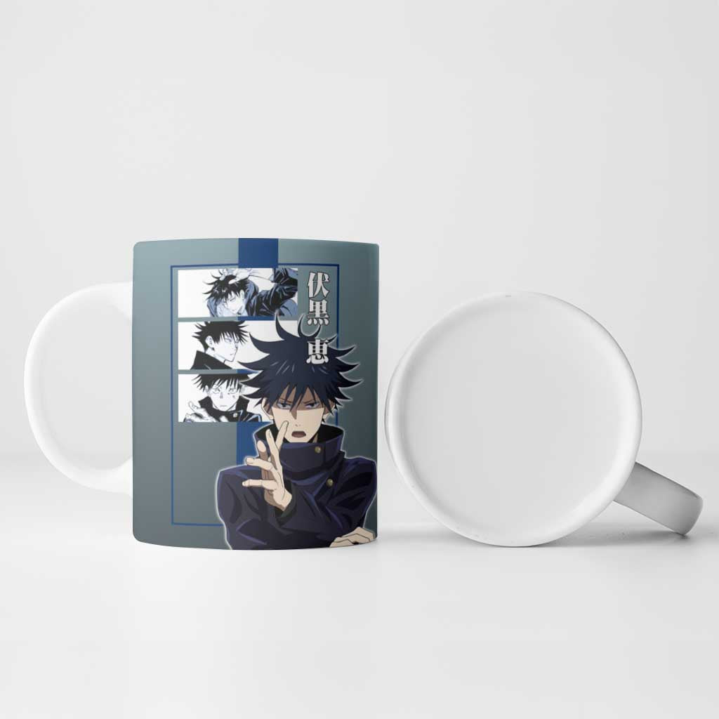 Megumi Fushiguro from Jujutsu Kaisen Ceramic Mug with Dark Blue and Black Background and Multiple Poses Design - The Mazicc