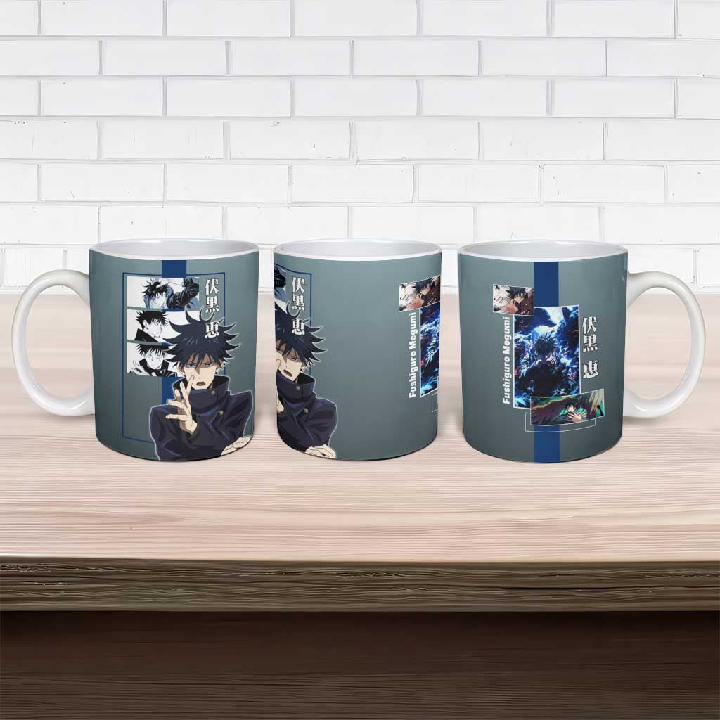 Megumi Fushiguro from Jujutsu Kaisen Ceramic Mug with Dark Blue and Black Background and Multiple Poses Design - The Mazicc