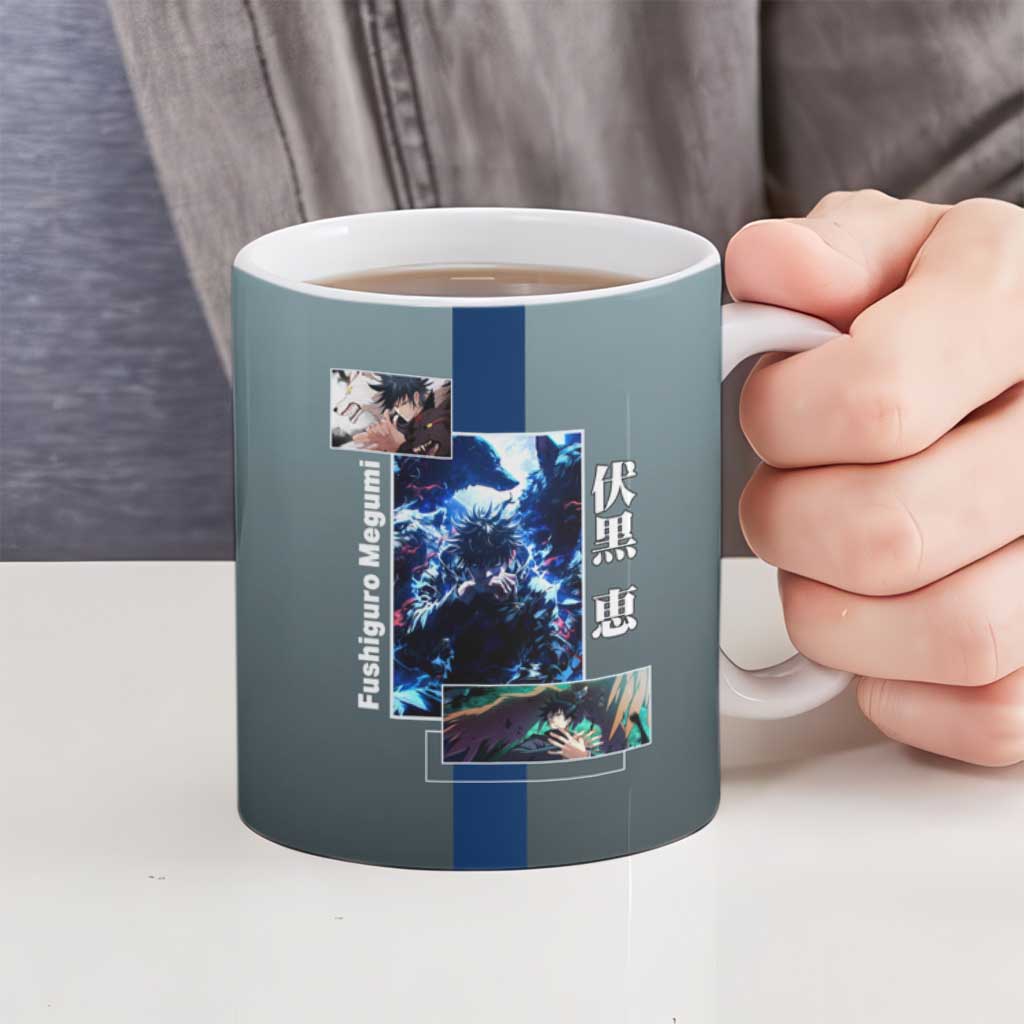 Megumi Fushiguro from Jujutsu Kaisen Ceramic Mug with Dark Blue and Black Background and Multiple Poses Design - The Mazicc