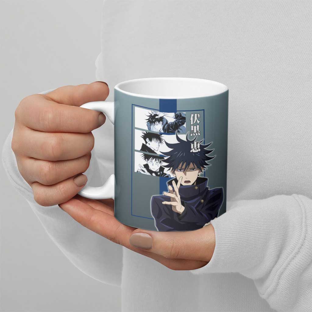Megumi Fushiguro from Jujutsu Kaisen Ceramic Mug with Dark Blue and Black Background and Multiple Poses Design - The Mazicc