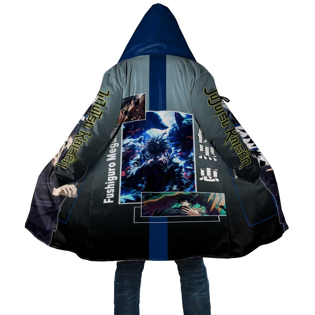 Megumi Fushiguro from Jujutsu Kaisen Cloak with Dark Blue and Black Background and Multiple Poses Design - The Mazicc